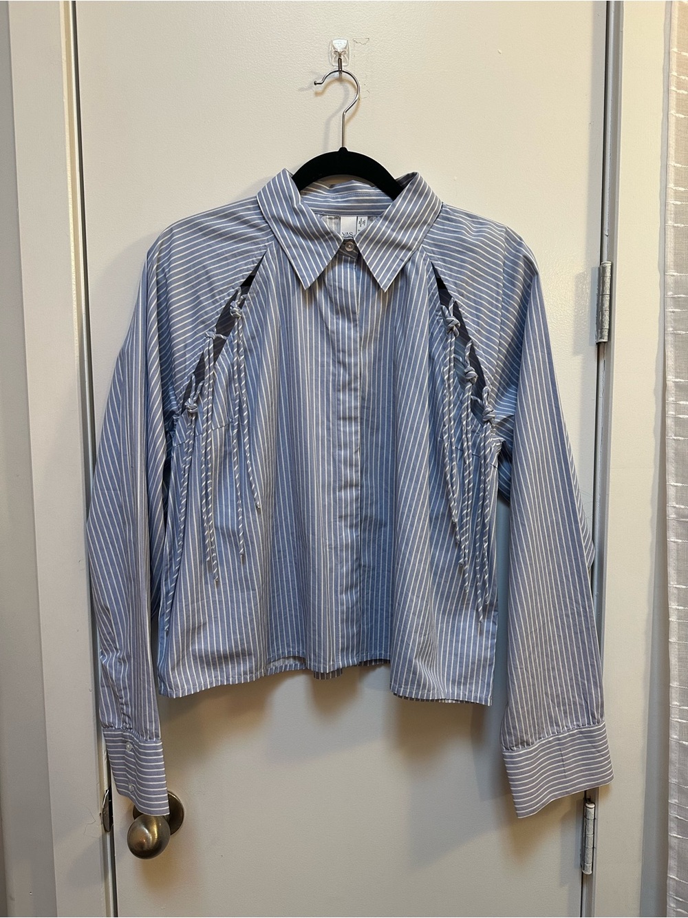 Striped Blue Button-Down Shirt with Tie Detail